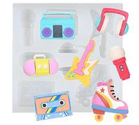 FUNSHOWCASE 80s Disco Fever Fondant Silicone Mold Boombox Microphone Radio Bass for Sugarcraft Cake Decorating, Cupcake Topper, Chocolate, Polymer Clay