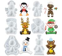 FUNSHOWCASE Christmas Silicone Moulds Penguin Reindeer Snowman Gingerbread Man Santa Elf Bear 3-4inch Tall for Fondant Cake Decoration Cupcake Topper Epoxy Resin Casting Polymer Clay Craft