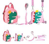 Funsland Baby Safety Harnesses, 4 in 1 Baby Walking Harness, 360°Rotate Anti Lost Wrist Link Belt, Dinosaur Toddler Backpack with Reins, Safety Leash for Kids Walking and Travel Outside, Pink