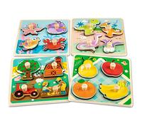 Funsland Wooden Puzzles Jigsaw for 1 Year Old, 4 Pcs Toddler Peg Puzzles Animal, Baby Montessori Wooden Toys, Infant Kid Fine Motor Skill Learning Educational Toys Gifts for 1 2 3 Years Old