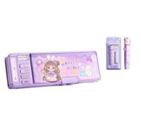Funspark New Cartoon Theme Pencil Box with Push Pull Eraser Set for Kids | Suitcase Style Password Lock Stationery Organizer, Magic Purple Compass + Eraser, M, Lock Compass Box