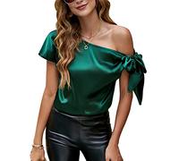 Funspread Womens Off Shoulder Tops Tie Knot Short Sleeve Blouse Asymmetrical Neck Satin Shirts Dark Green XXL