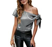 Funspread Womens Off Shoulder Tops Tie Knot Short Sleeve Blouse Asymmetrical Neck Satin Shirts Grey S