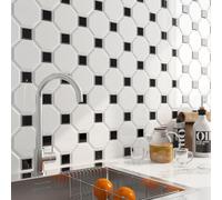 FunStick 30CMx30CM Peel and Stick Tiles Kitchen Wall White Hexagon 3D Stick on Wall Tile for Kitchen Bathroom Splashback Removable White and Black Squares Self Adhesive Tiles for Walls Bathroom 30 Pcs