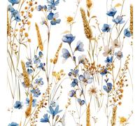 FunStick 44.5CMx9M Floral Botanical Peel and Stick Wallpaper Blue Gold White Floral Sticky Back Wallpaper for Walls Bedroom Sticky Back Plastic White Vinyl Wrap for Furniture Fall Wheat Wild Flowers