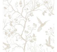 FunStick 44.5CMx9M Tree and Floral Wallpaper Cottage Bedroom Bathroom Beige White Vinyl Wrap Floral Waterproof Self Adhesive Bird Wallpaper for Living Room White Sticky Back Plastic for Furniture