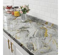 FunStick 60CMx5M Liquid Grey Marble Wallpaper for Kitchen Bathroom Splashback Waterproof Grey and Gold Vinyl Wrap for Kitchen Worktop Self Adhesive Wallpaper Marble Sticky Back Plastic for Cupboards