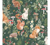 FunStick Forest Green Wallpaper for Living Room Self Adhesive Mushroom Botanical Leaf Pattern Wall Paper Roll Bathroom Kitchen Walls Waterproof Green Kids Room Vinyl Wrap Fox and Squirrel 44.5CM×3M