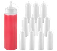 FUNSUEI 12 PCS 500ml Squeeze Sauce Bottles with Scale, Plastic Squeeze Bottles with Caps and Nozzles, 16oz Condiment Dispensers for Ketchup, BBQ, Syrup, Dressings