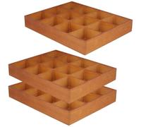 FUNSUEI 3 PCS Multi Compartment Wooden Tray, Grid Display Bamboo Serving Tray with 12 Sections, Wood Drawer Organizer Divided Snack Storage Box for Jewelry, Card Sorting, 13x10x2 Inch Brown