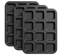 FUNSUEI 3PCS 12 Cavity Square Muffin Tin, Brownie Baking Tray | Non-Stick Carbon Steel Pan with 6.5x6.5cm Molds, Professional Bakeware for Mini Cakes Muffin
