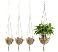 FUNSUEI 4 Pack Macrame Jute Plant Hanger Indoor Hanging Planter Basket - Length 108cm Boho Wall Decor, with Hanging Hooks