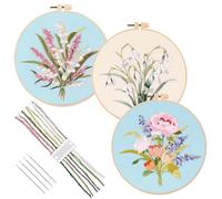 FUNSUEI Set of 3 Punch Needle Embroidery Starter Kit with Floral Patterns, 30 x 30 cm Cotton Fabric, Hoops, Needles and Threads Included, for Adults Beginners