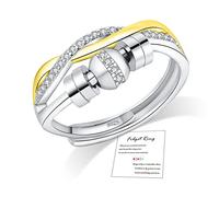 FUNTE® Anxiety Rings for Women 925 Sterling Silver Fidget Rings Adjustable Anxiety Gold Ring Twist Cubic Zirconia Rings Thumb Rings for Stress Relief Five Spinner Beads Rings