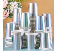 Funtery 100 Pcs Iridescent Paper Cups 9 oz Holographic Disposable Party Cups Beverage Drinkware Supplies for Bachelorette Birthday Disco Baby Shower Mermaid Party Wedding Anniversary Engagement
