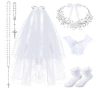 Funtery 6 Pcs First Communion Veils Girls Catholic Set 1st Communion Wreath Veil Headpiece Sock Necklace Bracelet Kid Wedding, White, One Size