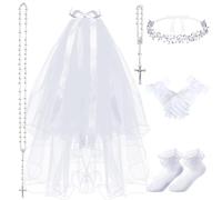 Funtery 6 Pcs Girls First Communion Veils Catholic Set 1st Communion Wreath Veil Headpiece Sock Necklace Bracelet Kid Wedding(Bright Style)