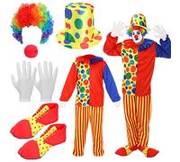 Funtery 7 Pcs Clown Costumes Set Includes Shoes, Nose, Hat, Wig, Gloves for Adults Halloween Clown Costumes