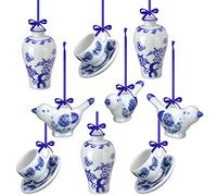 Funtery 9-Piece Blue & White Porcelain Ornaments - Chinoiserie Fall Pumpkin Decor Hanging Pendants - Ceramic Christmas Tree Ornaments for Christmas & Autumn Decoration (Vivid Style)
