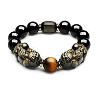 Funthy Natural Gold Obsidian Double Pixiu Bracelet, Engraved with Buddhist Sutras, Chinese Feng Shui Lucky Bracelet - Gemstones Healing Energy Stretch Bracelet - Attract Wealth