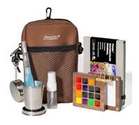 Funto Mini Watercolour Paint Set, All-In-One Walnut Wood 15-Colour Premium Pocket Travel Paint Kit, with Crossbody Bag, Watercolour Journal, Metal Clip, Paint Water Cup, Water Brush