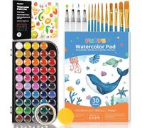 Funto Watercolour Set, 48 Colour Paint Set, 10 Brushes, 4 Refillable Water Brush Pens, 30 Page Pad(9"x12"), Masking Tape, Sponge, Palette, Painting Kit for Children, Adults, Beginners