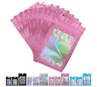 FUNTOOB Mylar Bags 100Pcs Pink Holographic Foil Sealed Bags Resealable Pouches Little Small Bag Sweet Pouches Sample Bag for Cookies Jewellery Gift Packaging (8 x 13cm)