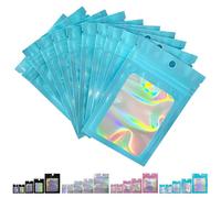 FUNTOOB Mylar Bags 50Pcs Blue Holographic Foil Sealed Bags Resealable Pouches Little Small Bag Sweet Pouches Sample Bag for Cookies Jewellery Gift Packaging (16x24cm)