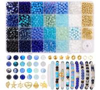 Funtopia 1377pcs Blue Glass Beads for Bracelets, 24 Colors 6mm Beads for Jewelry Making, Round Crystal Blue Ocean Sea Bead for Bracelet Earring Necklace DIY Crafts with Spacer Bead and Charms