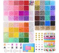Funtopia 4mm 7800 Pcs+ Seed Beads for Jewelry Making, 60 Colors; Craft Kit With Alphabet Letter, Evil Eye, Small Glass Beads for DIY, Art and Craft