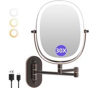 FUNTOUCH 30X/1X Wall Mounted Lighted Makeup Mirror, 5000mAh Rechargeable Double Sided Magnifying Bathroom Mirror, 3 Color Modes Touch Dimmable Extended Arm 360 Rotation, Antique Bronze