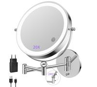 FUNTOUCH 5000 mAh Rechargeable Cosmetic Mirror with 1X/20X Magnification, Dimmable Shaving Mirror 3 Colours, Touchscreen LED Makeup Mirror, 360° Rotatable, 9 Inch Wall Mirror for Bathroom and Hotel