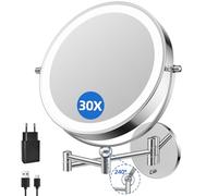 FUNTOUCH 5000 mAh Rechargeable Cosmetic Mirror with 1X/30X Magnification, Dimmable Shaving Mirror 3 Colours, Height Adjustable Makeup Mirror, 360° Rotatable, 9 Inch Wall Mirror for Bathroom and Hotel