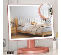 FUNTOUCH Large Lighted Makeup Mirror, 37 x 22.8 cm, 88 LEDs, 360 Degree Rotating Touch Screen, 10X Magnification, Tabletop Vanity Mirror, Rose Gold