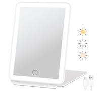 FUNTOUCH Rechargeable Makeup Mirror with Lights, Portable Lighted Beauty Mirror, 3 Color Lighting, Dimmable Touch Screen, Tabletop LED Folding Cosmetic Vanity Mirror for Home, Travel
