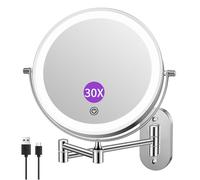 FUNTOUCH Rechargeable Makeup Vanity Mirror with Light, Wall Mounted Double Sided 1X 10X Magnifying Bathroom Mirror, 3 Color Dimmable Lighting, Extended Arm 360 Rotation Shaving Light up Mirror(Silver)