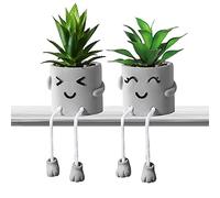 Funvalley Surperfect 2 Pack Cute Artificial Potted Plant Fake Plants Potted with Hanging Leg, Emotional Cement Faux Succulents Potted Plants Decor for Home Office Bookshelf Bathroom Shelf Table Desk