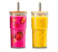 Funvalley Surperfect 2-Pack Ribbed Glass Cups with Bamboo Lids and Straws 20oz, Reusable Thickened Glass Tumbler, Clear Drinking Glasses for Iced Coffee, Smoothies, Cocktails, Juice, Matcha, Beer