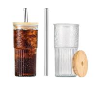 Funvalley Surperfect 2-Pack Ribbed Glass Cups with Bamboo Lids and Straws 20oz, Thickened Glass Tumbler, Clear Drinking Glasses for Iced Coffee, Smoothies, Cocktails, Juice, Matcha, Beer