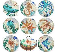 Funvalley Surperfect 8 Pack Diamond Painting Coasters with Stand, DIY Sea Life Coasters, Clear with Multicolor, Acrylic, Round