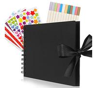 funvce Small Scrap Book, 8.5x6 Inches Black Photo Book with 60 Pages, Ribbon Closure Child Memory Photo Album with 12pcs Marker Pens and Photo Corner, Thick Kraft Paper Guest Book