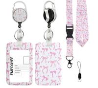 Funver Pink Bow Tie Print Lanyard with Detachable Card Holder 11 * 7cm, Retractable Badge Reel with Breakaway Safety Clip for Teachers Nurses Students Office ID Cards