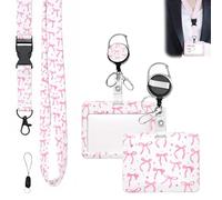 Funver Sliding Badge Holder, Pink Bow Tie Print Lanyard with Retractable ID Badge Reel & Detachable Lanyard Strap, Durable ID Card Holders for Women Girls Teacher Nurse Workers Students Office, 11*7cm