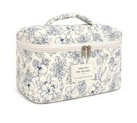 Funvolution Mahjong Tile Bag for 166 American Mahjong Tiles (1.2-Inch), Cream Multicolor Floral Dotted Quilted Fabric Zippered Storage Pouch, Soft Carry Bag, Empty Bag Only (Blue Ribbon)