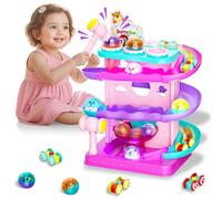 FUNWEE 2-in-1 Ball & Racing Car Ramp Toy for Toddlers, Hammer Race Track Drop Rolling Lights Ball, Learning Early Developmental Fun Game Birthday Gift Idea for Kids 2 3 4 5+Year Old Girl Boy(Pink)