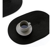 FunWheat Oval Braided Placemats Set of 6 Table Mats for Dining Tables Washable Heat Resistant Place mats for Daily Use 12 x18 Inch (Oval Black, 6pcs)