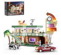 FUNWHOLE City Car-Hotel Lighting Building-Bricks Set - Road Trip Modular Twilight Motel Collection Light Car and Motorcycle Building Set 1970 Pcs for Adults and Teen