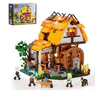 FUNWHOLE Medieval Watermill Building Set - 1278 PCS Middle Ages Village Kit with LED Lights & Waterwheel, 360° Modular Design, Story-Linked Model - Creative Collectible for Adults & Teens