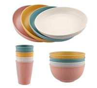 FUNYKICH 12PCS Plastic Plates and Bowls Set, Camping Plate and Bowl Set, Unbreakable Kids Plates and Bowls Sets with Dessert Plates, Bowls, Cups, Camping Dinner Set Dishwasher & Microwave Safe