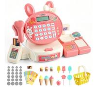 FUNYKICH 55PCS Cash Register for Kids with Shopping Basket, Calculator, Scanner, Conveyor Belt, Weighing Tool, Pretend Play Kids Cash Register Toy Set for Toddler, Toys for 3-8 Year Old Girls (Pink)